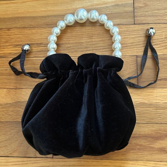 Black Velvet Drawstring Mini Purse With Pearl Handle & Satin Ribbon Accents - Picture 1 of 8